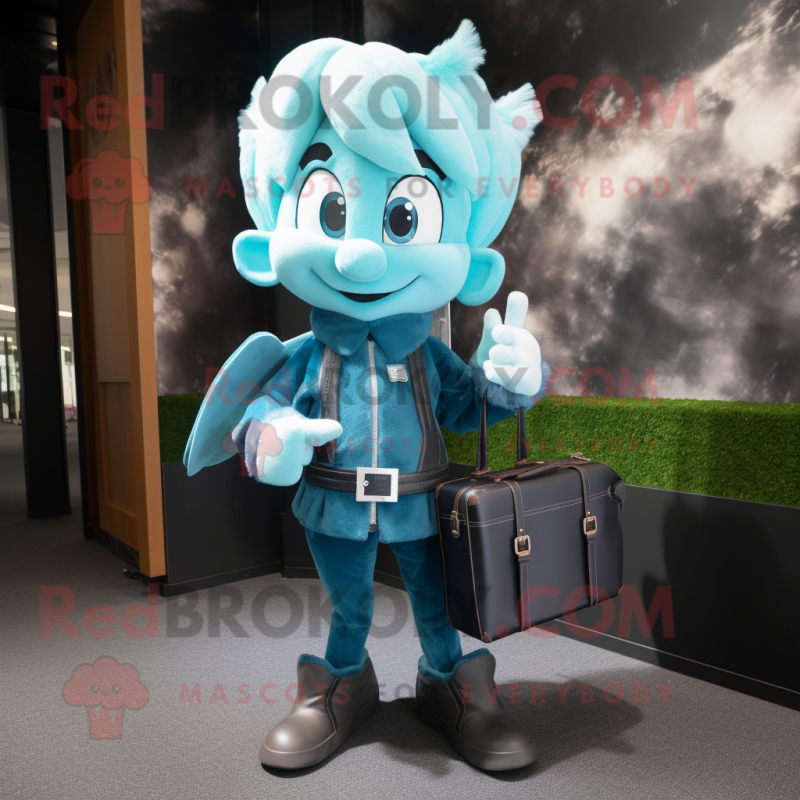 Cyan Tooth Fairy mascot costume character dressed with a Leather Jacket and Handbags Cyan Tooth Fairy mascot costume character dressed with a Leather Jacket and Handbags