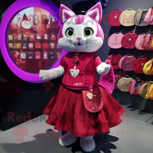 Magenta Cat mascot costume character dressed with a Skirt and Coin purses
