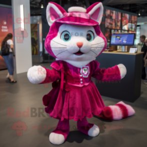 Magenta Cat mascot costume character dressed with a Skirt and Coin purses