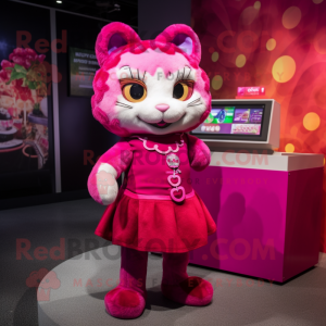 Magenta Cat mascot costume character dressed with a Skirt and Coin purses