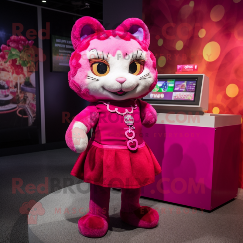 Magenta Cat mascot costume character dressed with a Skirt and Coin purses Magenta Cat mascot costume character dressed with a Skirt and Coin purses