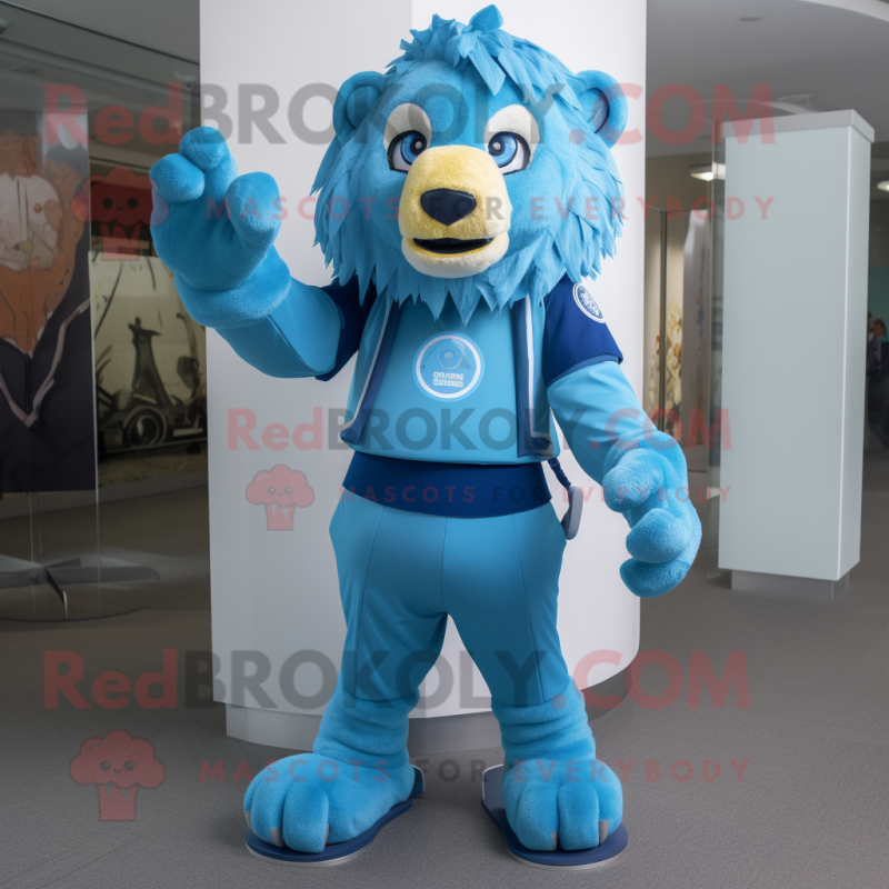 Blue Tamer Lion mascot costume character dressed with a Turtleneck and Anklets Blue Tamer Lion mascot costume character dressed with a Turtleneck and Anklets