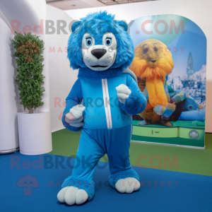 Blue Tamer Lion mascot costume character dressed with a Turtleneck and Anklets