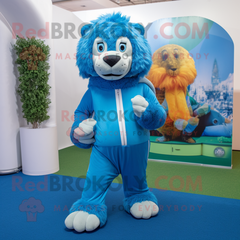 Blue Tamer Lion mascot costume character dressed with a Turtleneck and Anklets Blue Tamer Lion mascot costume character dressed with a Turtleneck and Anklets
