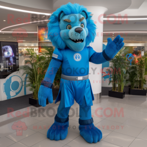 Blue Tamer Lion mascot costume character dressed with a Turtleneck and Anklets