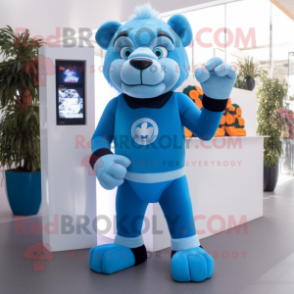 Blue Tamer Lion mascot costume character dressed with a Turtleneck and Anklets