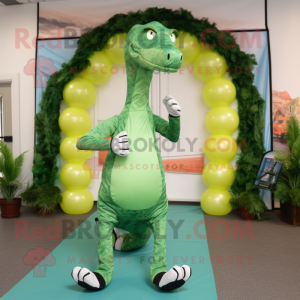 Green Brachiosaurus mascot costume character dressed with a Running Shorts and Mittens