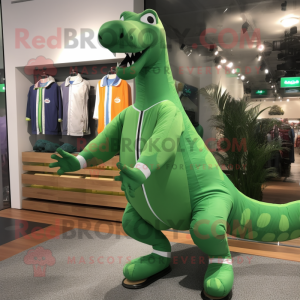 Green Brachiosaurus mascot costume character dressed with a Running Shorts and Mittens