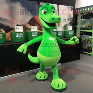 Green Brachiosaurus mascot costume character dressed with a Running Shorts and Mittens