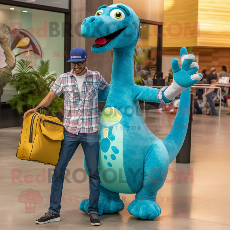 Turquoise Brachiosaurus mascot costume character dressed with a Boyfriend Jeans and Messenger bags