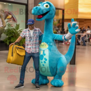 Turquoise Brachiosaurus mascot costume character dressed with a Boyfriend Jeans and Messenger bags
