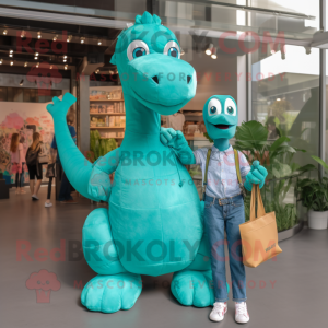 Turquoise Brachiosaurus mascot costume character dressed with a Boyfriend Jeans and Messenger bags