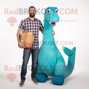 Turquoise Brachiosaurus mascot costume character dressed with a Boyfriend Jeans and Messenger bags