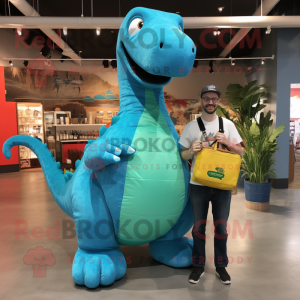 Turquoise Brachiosaurus mascot costume character dressed with a Boyfriend Jeans and Messenger bags