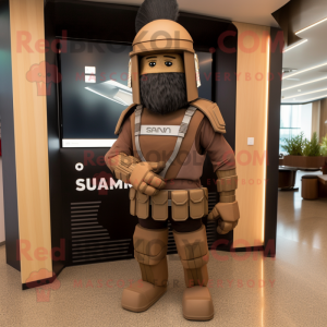 Brown Spartan Soldier mascot costume character dressed with a Bodysuit and Beanies