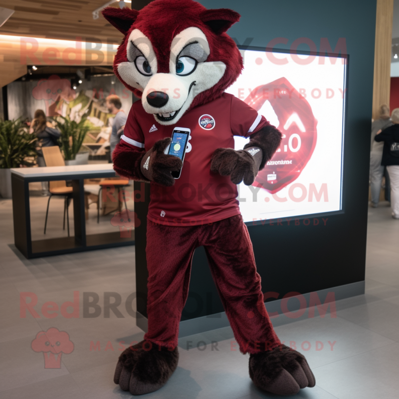 Maroon Wolf mascot costume character dressed with a Leggings and Smartwatches