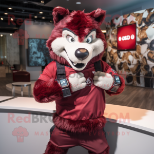 Maroon Wolf mascot costume character dressed with a Leggings and Smartwatches