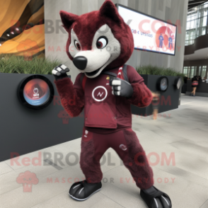 Maroon Wolf mascot costume character dressed with a Leggings and Smartwatches