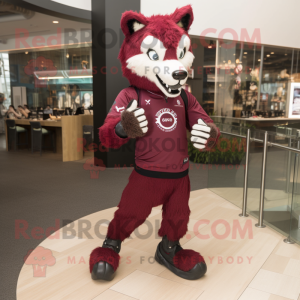 Maroon Wolf mascot costume character dressed with a Leggings and Smartwatches