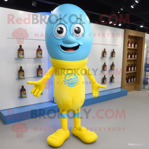 Sky Blue Bottle Of Mustard mascot costume character dressed with a Rash Guard and Shoe laces