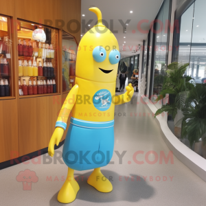 Sky Blue Bottle Of Mustard mascot costume character dressed with a Rash Guard and Shoe laces