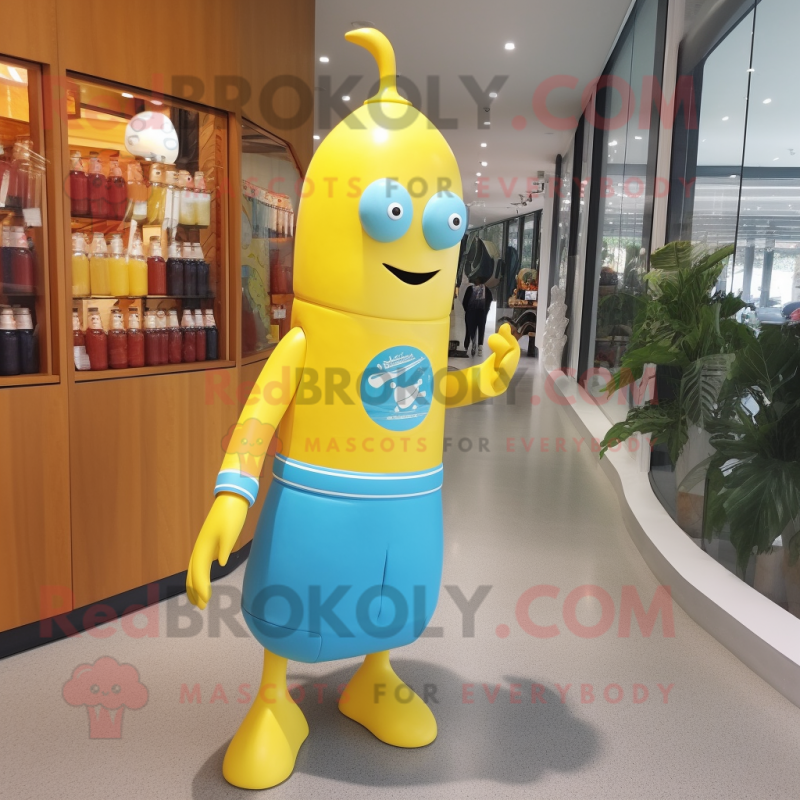 Sky Blue Bottle Of Mustard mascot costume character dressed with a Rash Guard and Shoe laces