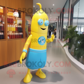 Sky Blue Bottle Of Mustard mascot costume character dressed with a Rash Guard and Shoe laces