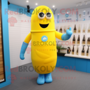 Sky Blue Bottle Of Mustard mascot costume character dressed with a Rash Guard and Shoe laces