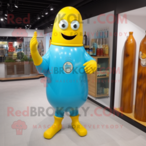 Sky Blue Bottle Of Mustard mascot costume character dressed with a Rash Guard and Shoe laces