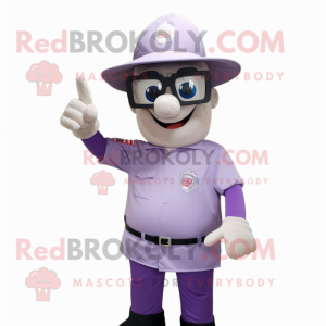 Lavender Fire Fighter mascot costume character dressed with a Long Sleeve Tee and Reading glasses