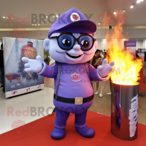 Lavender Fire Fighter mascot costume character dressed with a Long Sleeve Tee and Reading glasses