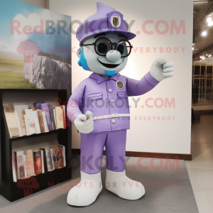 Lavender Fire Fighter mascot costume character dressed with a Long Sleeve Tee and Reading glasses