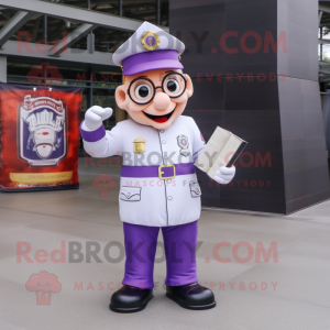 Lavender Fire Fighter mascot costume character dressed with a Long Sleeve Tee and Reading glasses