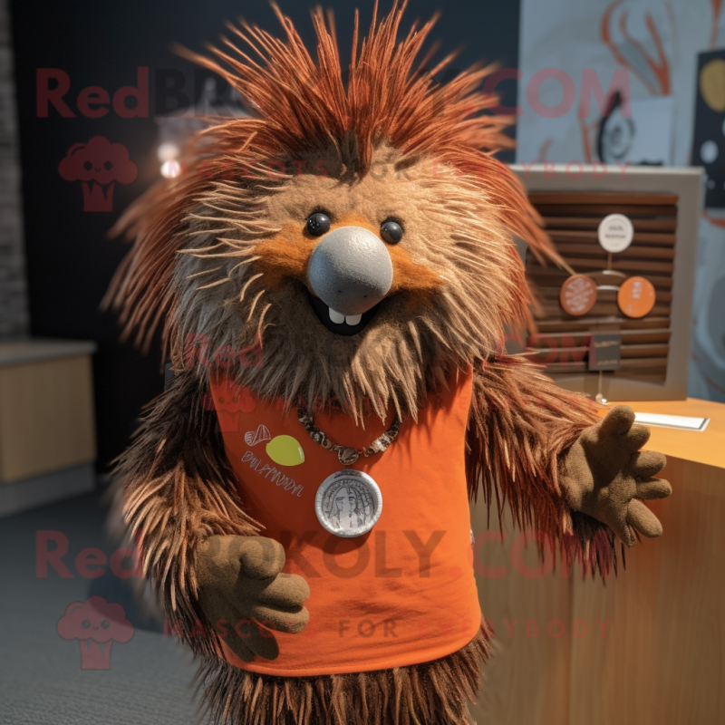 Rust Porcupine mascot costume character dressed with a V-Neck Tee and Tie pins