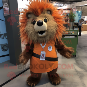 Rust Porcupine mascot costume character dressed with a V-Neck Tee and Tie pins