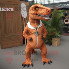 Rust T Rex mascot costume character dressed with a Romper and Necklaces