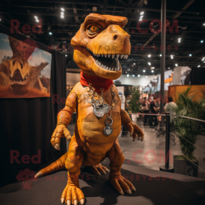 Rust T Rex mascot costume character dressed with a Romper and Necklaces