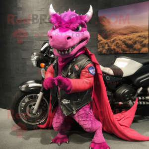 Magenta Dragon mascot costume character dressed with a Moto Jacket and Shawl pins