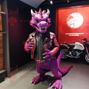 Magenta Dragon mascot costume character dressed with a Moto Jacket and Shawl pins