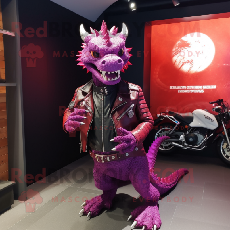 Magenta Dragon mascot costume character dressed with a Moto Jacket and Shawl pins Magenta Dragon mascot costume character dressed with a Moto Jacket and Shawl pins
