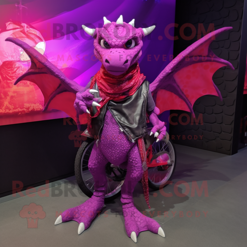 Magenta Dragon mascot costume character dressed with a Moto Jacket and Shawl pins