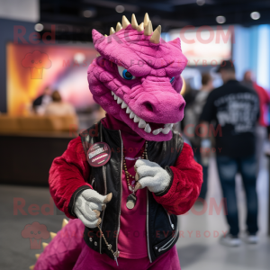 Magenta Dragon mascot costume character dressed with a Moto Jacket and Shawl pins