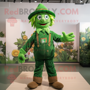 Green Scarecrow mascot costume character dressed with a Romper and Mittens