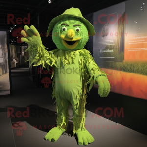 Green Scarecrow mascot costume character dressed with a Romper and Mittens