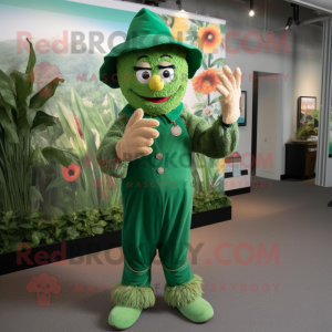 Green Scarecrow mascot costume character dressed with a Romper and Mittens