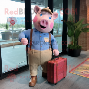 Pink Pig mascot costume character dressed with a Chambray Shirt and Briefcases