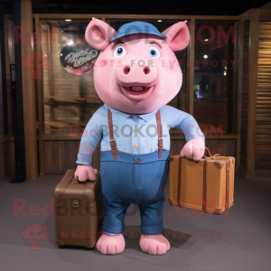 Pink Pig mascot costume character dressed with a Chambray Shirt and Briefcases