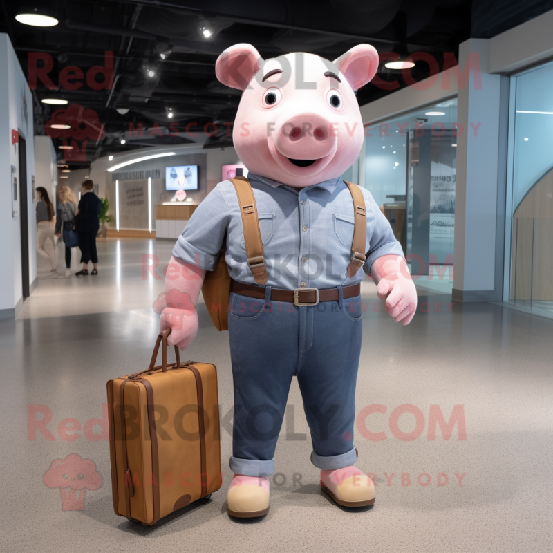 Pink Pig mascot costume character dressed with a Chambray Shirt and Briefcases