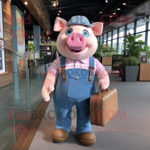 Pink Pig mascot costume character dressed with a Chambray Shirt and Briefcases