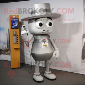 Silver Phone mascot costume character dressed with a Shorts and Hat pins